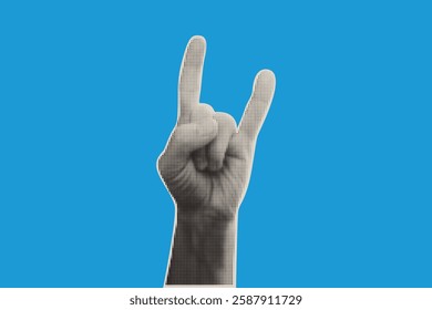 Halftone hand showing the rock and roll sign. Dot effect gesture on blue background. Black and white Rockstar expressing symbol.