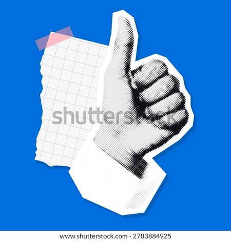 Halftone hand showing thumbs up with torn grid paper and pink tape. Vintage collage sticker on blue background.