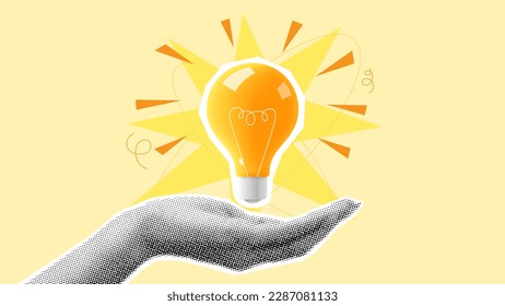 Halftone hand shows bulb. Concept of creative idea or brainstorm. Vector illustration with paper cut out elements. Retro poster or banner. Creative trend collage.