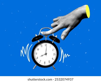 Halftone hand turns off alarm clock. Modern collage. Morning routine. Ringing alarm clock