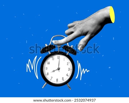 Halftone hand turns off alarm clock. Modern collage. Morning routine. Ringing alarm clock