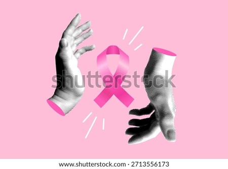 Halftone hands around pink ribbon symbolizing breast cancer. Illustration for Breast Cancer awareness month. Cancer prevention concept