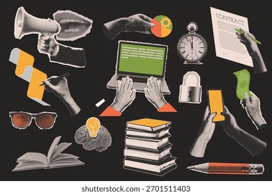 Halftone Hands with Books – Retro Collage Cutout Set, Reading Together Concept, Vintage Magazine Illustration for Education and Study Design
