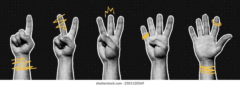 Halftone hands collection. Fingers pointing the numbers. Halftone hands show the counting from one to five. Stylish halftone collage design elements. Hand gestures in pop art style. Vector