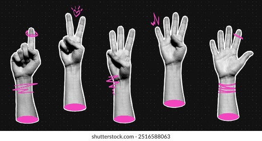Halftone hands collection. Fingers pointing the numbers. Halftone hands show the counting from one to five. Stylish halftone collage design elements. Hand gestures in pop art style. Vector