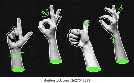 Halftone hands collection. Halftone hands show different gestures, okay, thumb up. Stylish halftone collage design elements. Hand gestures in pop art style. Vector
