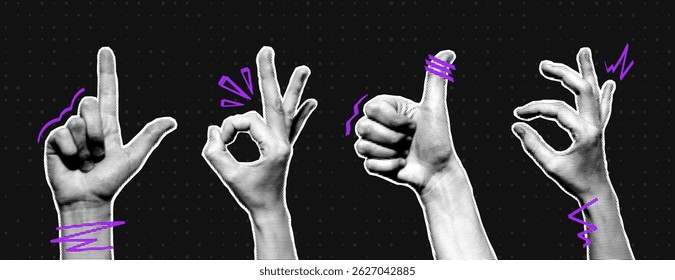 Halftone hands collection. Halftone hands show different gestures, okay, thumb up. Stylish halftone collage design elements. Hand gestures in pop art style. Vector