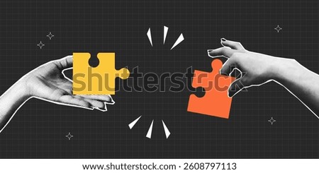 Halftone hands connect the pieces of jigsaw puzzle. Collage design of  teamwork with puzzle pieces and two halftone hand. Partnership and relationship concept. Vector illustration.