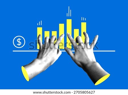 Halftone hands control the sales chart. Business data analytics. Fluctuations in the dollar and foreign exchange rates. Modern collage. Artificial maintenance of exchange rates. Business management