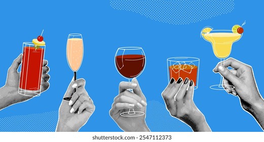 Halftone hands drinks. Hand hold alcohol drink glasses cocktails vintage paper collage, arm cheers birthday party celebrate bar cards, grunge cut-out exact vector illustration original artwork