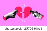 Halftone hands form a heart shaped puzzle. Valentines day banner. Modern collage. Concept of romantic relationships, soulmate, love
