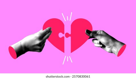 Halftone hands form a heart shaped puzzle. Valentines day banner. Modern collage. Concept of romantic relationships, soulmate, love