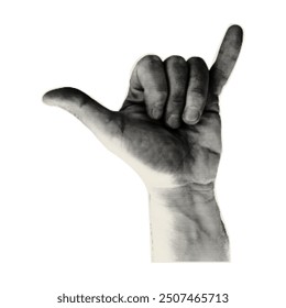 Halftone Hands Gesture Hawaiian greeting hand sign for surfers. Vector Dotted Stipplism effect. Trendy Retro Photocopy effect Collage element.