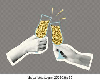 Mãos de meio-tom com óculos, isolados no fundo transparente. Elemento retro com lantejoulas de ouro, adesivo na moda em estilo Y2K, vintage colagem element.Vetor.