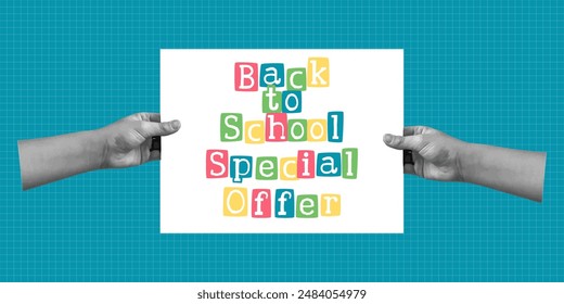 Halftone hands hold banner . education conception. Back to school. vector illustration. Special offer. halftone collage. sale