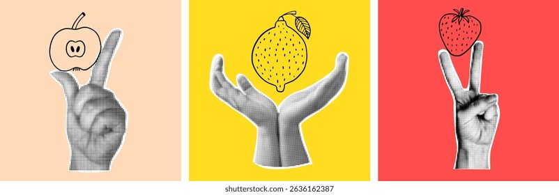 Halftone hands hold line art fruits.  Set of retro collage posters with an apple, lemon, and strawberry. 