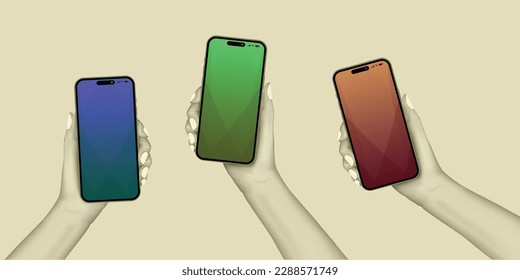 Halftone hands hold smartphones. Phone in hand. Realistic smartphone mockup. Vector illustration with hands holding phones with halftone effects.Retro banners and vintage posters. Vector.