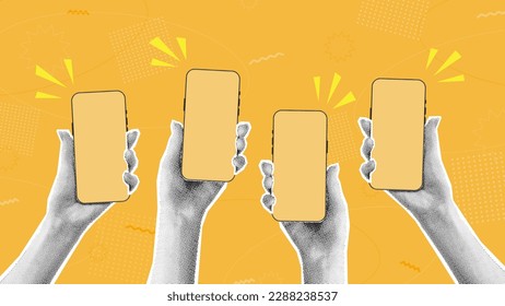 Halftone hands hold smartphones. Vector illustration with hands holding phones with halftone effects for decoration of retro banners and vintage postres. Collection of collage elements.
