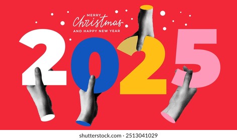 Halftone hands holding 2025 number. Merry Christmas and Happy New Year greeting card. Modern collage. Trendy newspaper body parts. Torn paper. Y2K style