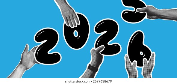 Mãos de meio-tom segurando 2026 número. Colagem moderna. Alcançando as metas de negócios. Metas para 2026