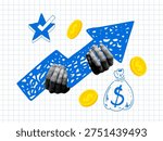 Halftone hands holding arrow upwards. Sales growth. Business statistics. Financial success. Doodle of a money bag, coins, and a star with a check mark. Modern collage