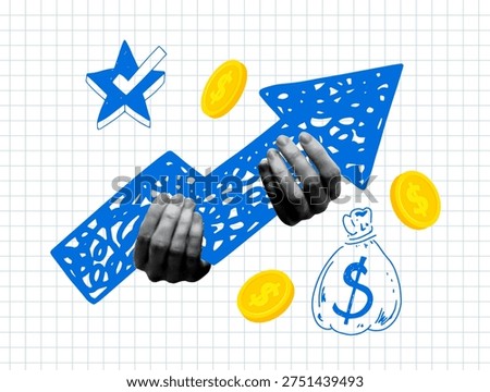 Halftone hands holding arrow upwards. Sales growth. Business statistics. Financial success. Doodle of a money bag, coins, and a star with a check mark. Modern collage