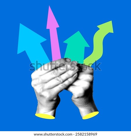 Halftone hands holding arrows pointing in different directions. Modern collage. Concept of choice, opportunities, ways to solve a problem
