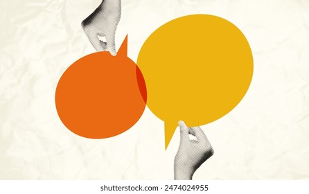 Halftone hands holding blank speech bubbles Modern retro collage for mixed media design with copy space for text. Trendy vector illustration isolated on beige crumpled paper texture background