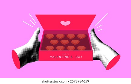 Halftone hands holding a box of heart-shaped chocolates. Modern collage. Valentines day greeting card