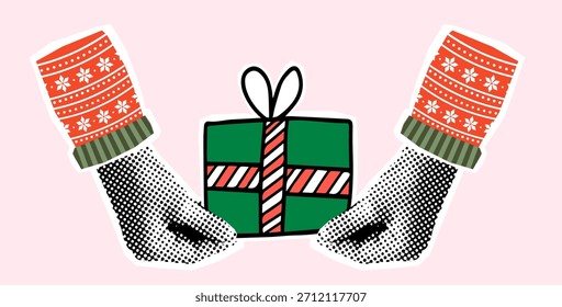 Halftone hands holding a Christmas present, Modern vector collage for invitations, posters and banners