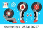 Halftone hands holding Christmas vintage vinyl records. Retro pop art illustration.