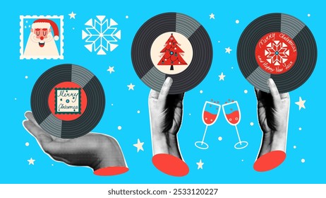 Halftone hands holding Christmas vintage vinyl records. Retro pop art illustration.