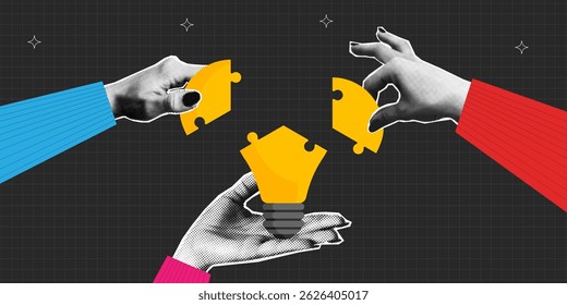 Mãos de meio-tom segurando e conectar peças de quebra-cabeça em lâmpada elétrica. Banner de colagem com lâmpada feita de quebra-cabeças. Conceito de ideia e trabalho em equipe, cooperação e parceria. Ilustração vetorial.