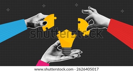 Halftone hands holding and connect puzzle pieces into light bulb. Collage banner with light bulb made of jigsaw puzzles. Concept of idea and teamwork, cooperation and partnership. Vector illustration.