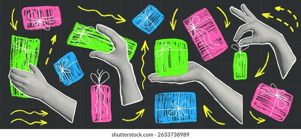 Halftone hands holding gifts set. Holiday surprise collage elements. Woman hand get presents. Happy birthday, anniversary and celebration of festive trendy concept. Vector illustration isolated.