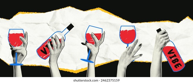 Manos de medio tono sosteniendo vasos, una botella de vino. Conjunto de manos femeninas cortadas para crear Anuncios en estilo collage retro. Elementos de periódicos.