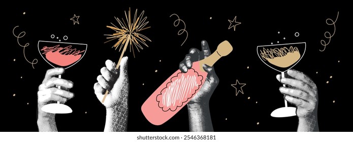 Halftone Hands Holding Glasses, Sparkler and Bottle of Сhampagne. Cutout magazine shapes with doodles, modern retro, grunge punk festive design.   Banner in retro collage style. Vector illustration.