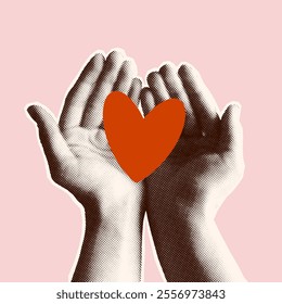 Halftone hands holding a heart. Collage-style design for Valentine's Day. Y2K-style illustration. Love, emotions, heartfelt message