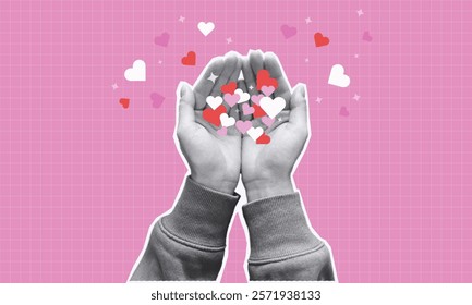 Halftone hands Holding Hearts in Retro Collage Style