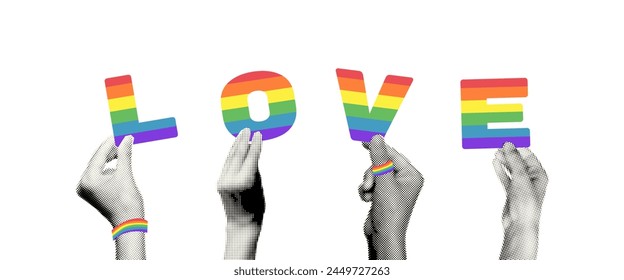 Halftone hands holding love letters in rainbow colors modern retro art collage. LGBTQ Pride month banner template with copy space for text