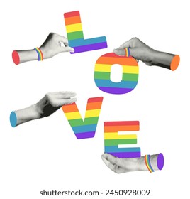 Halftone hands holding love letters in rainbow colors. Modern retro elements for collage for LGBTQ Pride month isolated on transparent background. Trendy vector illustration for mixed media design