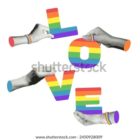 Halftone hands holding love letters in rainbow colors. Modern retro elements for collage for LGBTQ Pride month isolated on transparent background. Trendy vector illustration for mixed media design