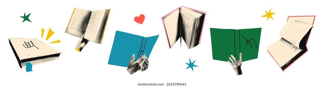 Halftone hands holding open books art collage cut outs set. Reading together, book exchange, crossing, swapping, education and study concept. Modern retro vector illustration for mixed media design
