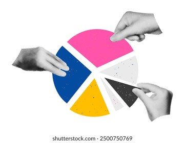 Halftone hands holding pie chart diagram parts art collage element. Business data and market share concept. Modern retro grunge vector illustration isolated on transparent background