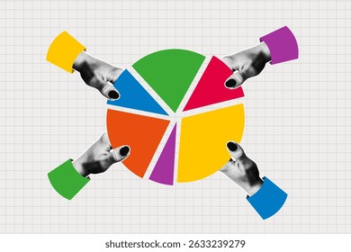 Halftone hands holding pie chart diagram parts in different color. Collage design of business data graph or market share. Collage halftone arms  and circular diagram. Vector illustration.