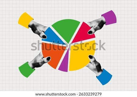 Halftone hands holding pie chart diagram parts in different color. Collage design of business data graph or market share. Collage halftone arms  and circular diagram. Vector illustration.