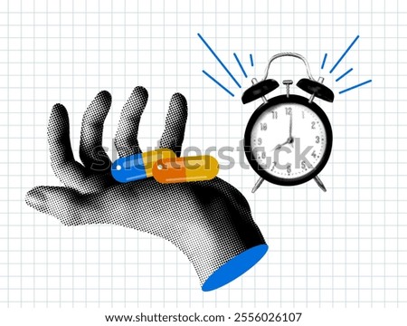 Halftone hands holding pills and ringing alarm clock. Time to take your medicine. Modern collage