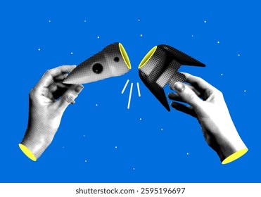 Halftone hands holding rocket halves. Rocket construction. Modern collage. Concept of work, inventions, startup