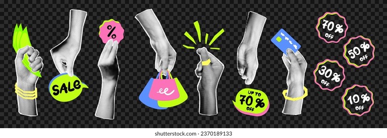 Halftone hands holding sale symbols set. Advertising tags, Black Friday sale contemporary design. Cutout magazine shapes, modern retro collage elements for creative promotion. Vector illustration