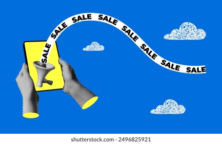 Halftone hands holding a tablet. On the tablet screen, a loudspeaker announces a sale. Modern collage style sale banner. Online shopping concept. Trendy newspaper elements. Retro style bullhorn